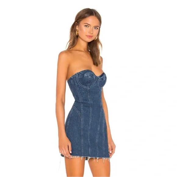 GRLFRND Denim 'Kristin' Bustier Strapless Dress in Femme Fatale Size Small NWOT - Picture 3 of 13